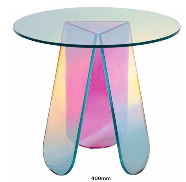 Rainbow acrylic coffee table set with iridescent glass side tables, modern accent for living and bedroom decor