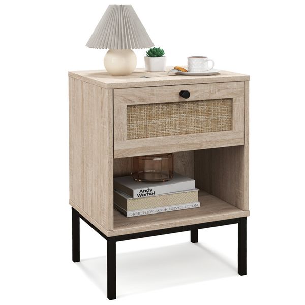 Rattan Nightstand Boho End Table with Woven Drawer & Open Shelf