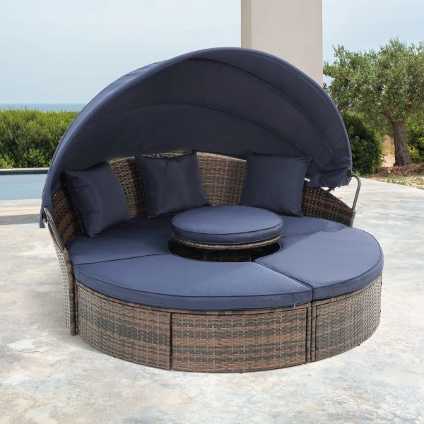 Rattan outdoor patio sofa with canopy, wicker lounge bed featuring a lift coffee table