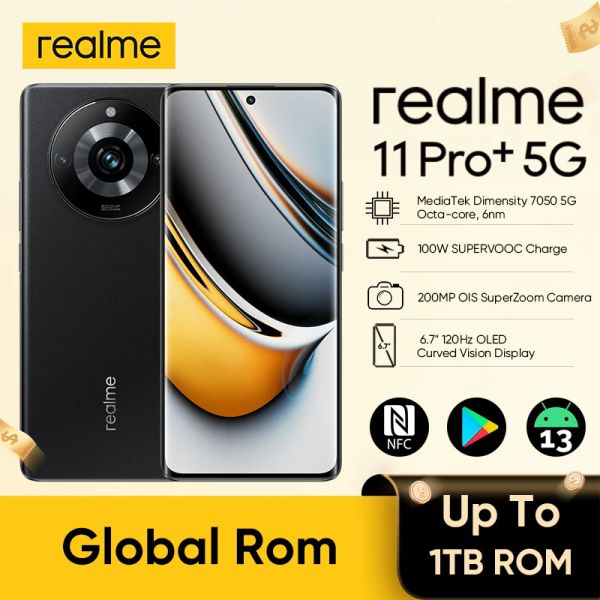 realme 11 Pro Plus 5G Android phone with MTK 7050 chip, 1TB storage, 12GB RAM, 120Hz FHD+ display, 200MP OIS camera, and 100W fast charging