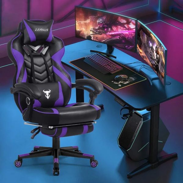 Reclining gaming chair with footrest, massage, and high back support for gamers
