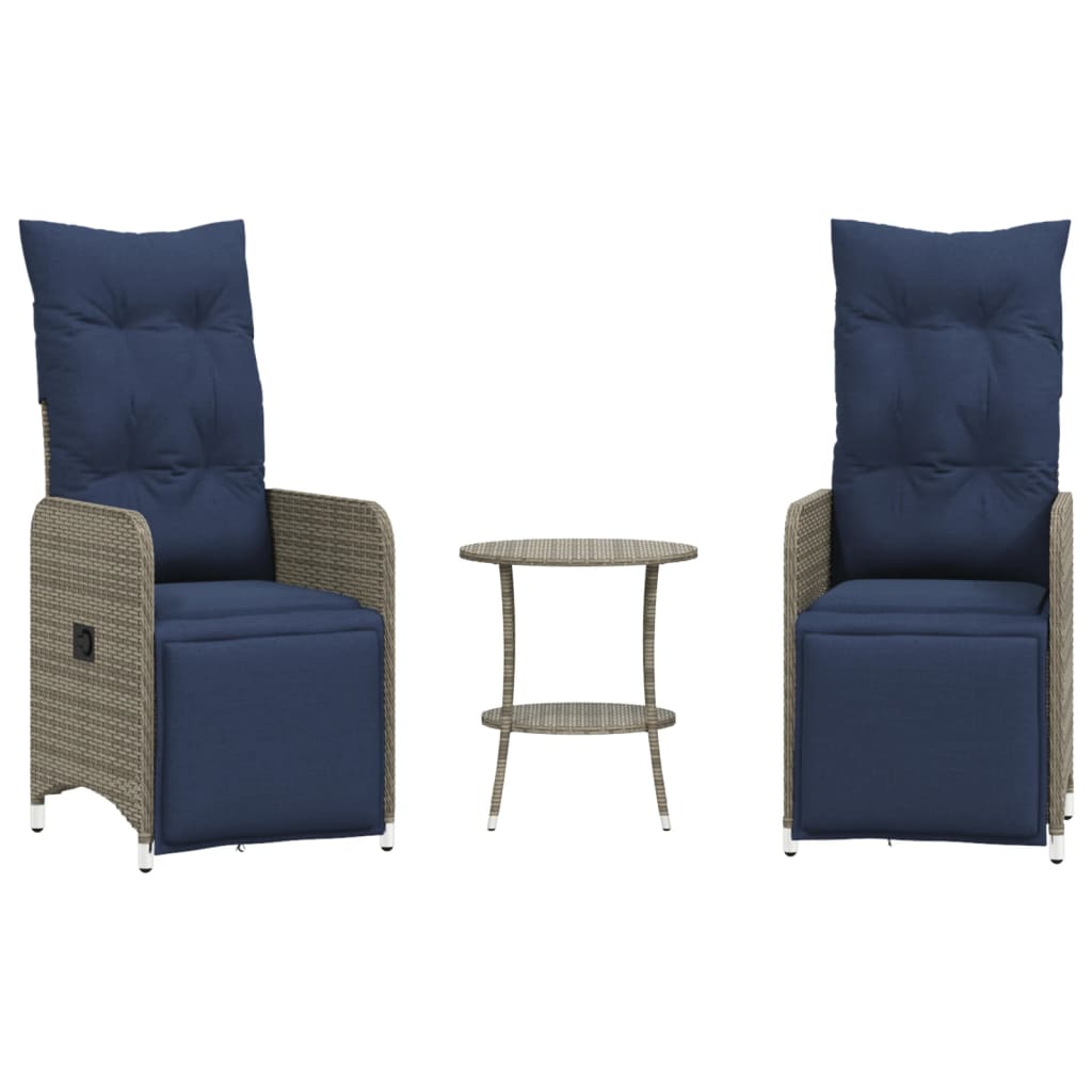 Reclining Patio Chairs 2 pcs with Table Gray Poly Rattan