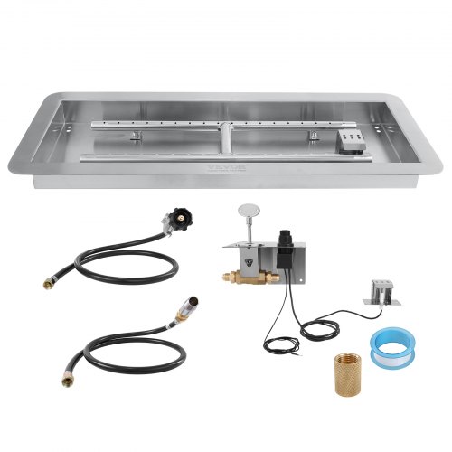 Rectangular 36x12-inch stainless steel fire pit pan with H-burner, compatible with natural and propane gas up to 150,000 BTU