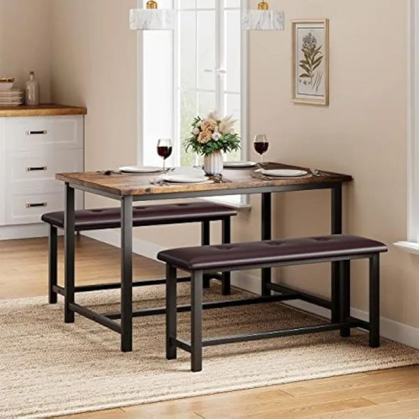 Rectangular dining set with 2 upholstered benches, ideal for apartments or studios in retro brown