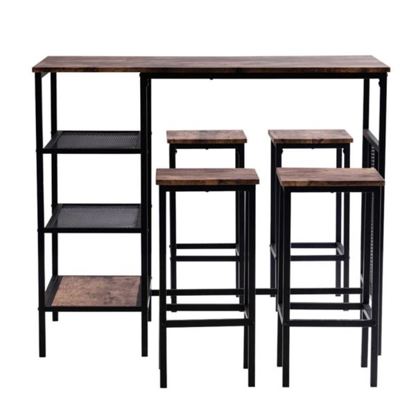 Rectangular disassemblable bedroom furniture with taupe wood surface, black iron brackets, three storage tiers, one table, and four chairs