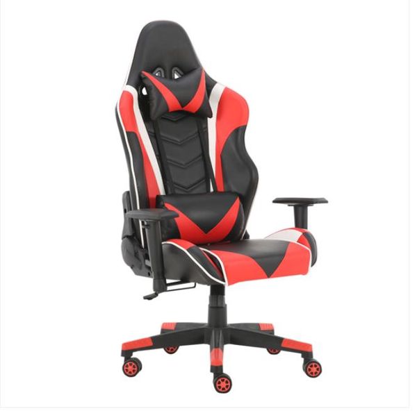 Red commercial gaming office swivel chairs featuring headrests and lumbar support pillows