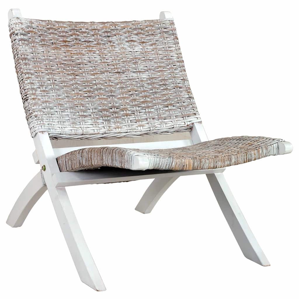 Relaxing Chair White, Natural Kubu Rattan, Solid Mahogany Wood