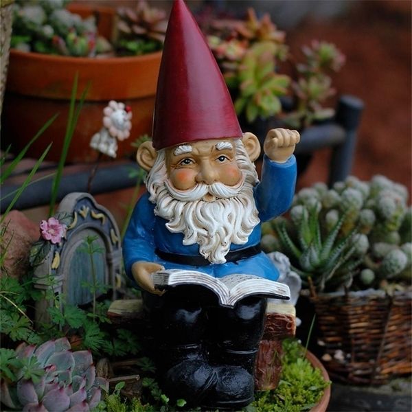 Resin miniature gnome elf book beckoning dwarf sculpture for garden and courtyard decoration