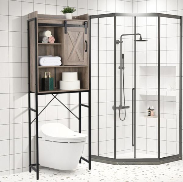 Retro-style MDF bathroom cabinet with triamine iron frame and sliding three-tier shelves