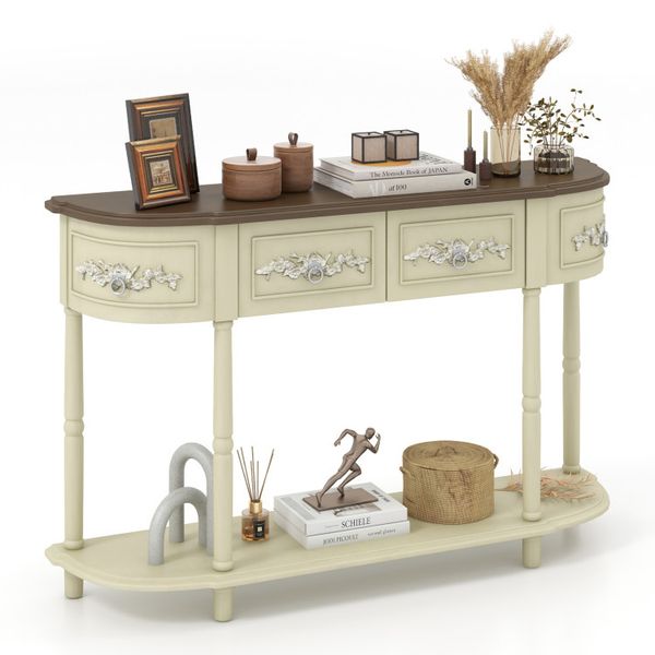 Retro-styled console table featuring curved design, drawers, and sturdy wooden legs