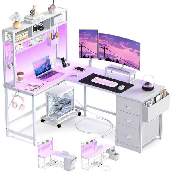 Reversible L-shaped gaming desk with pegboard shelves, drawers, and power outlet