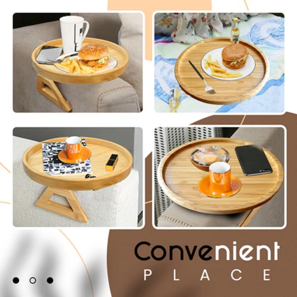 Round foldable pine wood side tables with waterproof clip-on trays for sofa armrest organization