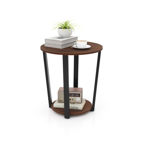 Round table featuring open shelving and metal framework