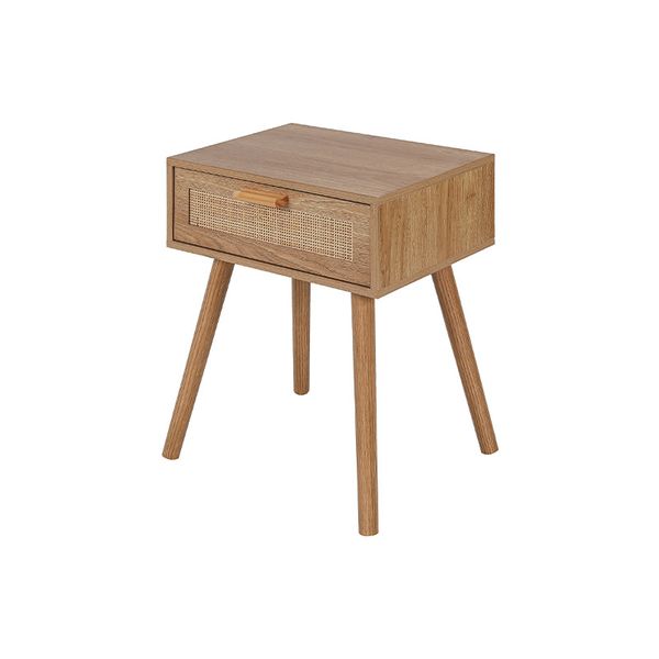 Scandinavian-style solid wood living room sideboard with narrow wall-mounted side cabinets, rattan bookcase, and sofa dining unit