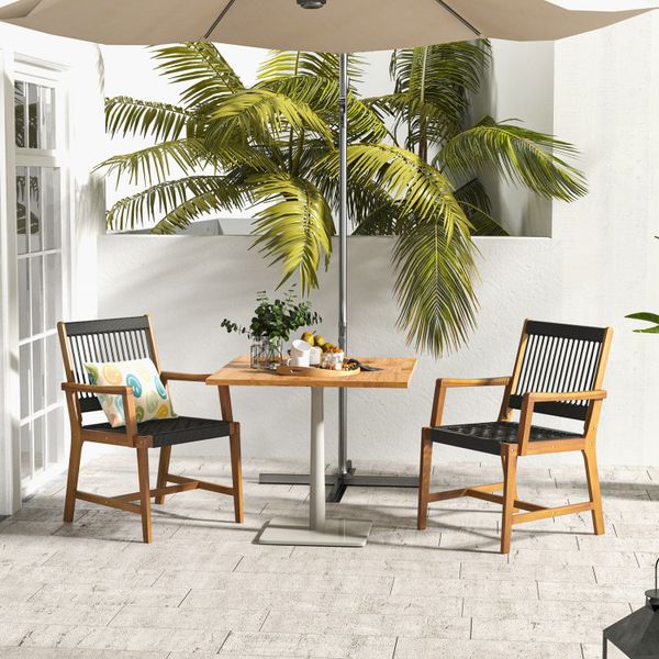 Set of 2 armchair-style acacia wood dining chairs for outdoor patio and garden use