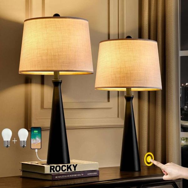 Set of 2 modern black bedside lamps with 3-way dimmable touch control for living room or bedroom