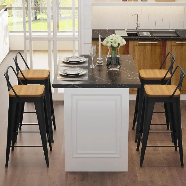 Set of 4 metal bar stools with removable backs, 24" counter height and wooden seats