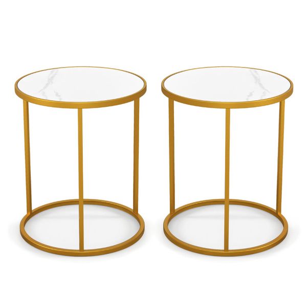 Set of two 16-inch round marble-top side tables with gold metal frames for living room or bedroom