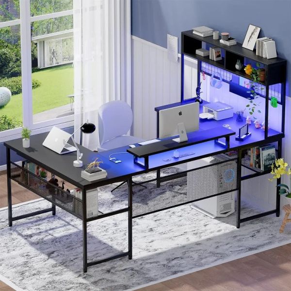 Shaped Reversible L Computer Desk featuring Power Outlets and LED Lighting, Spacious Workstation with Monitor Stand and Storage Shelves