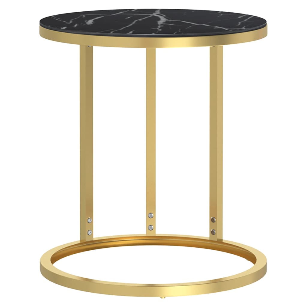 Side Table Gold and Black Marble Tempered Glass, Powder-Coated Iron