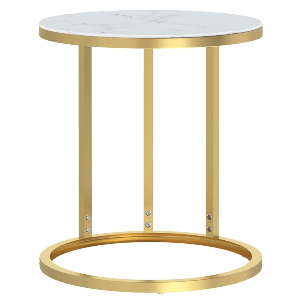 Side Table Gold and White Marble Tempered Glass, Powder-Coated Iron