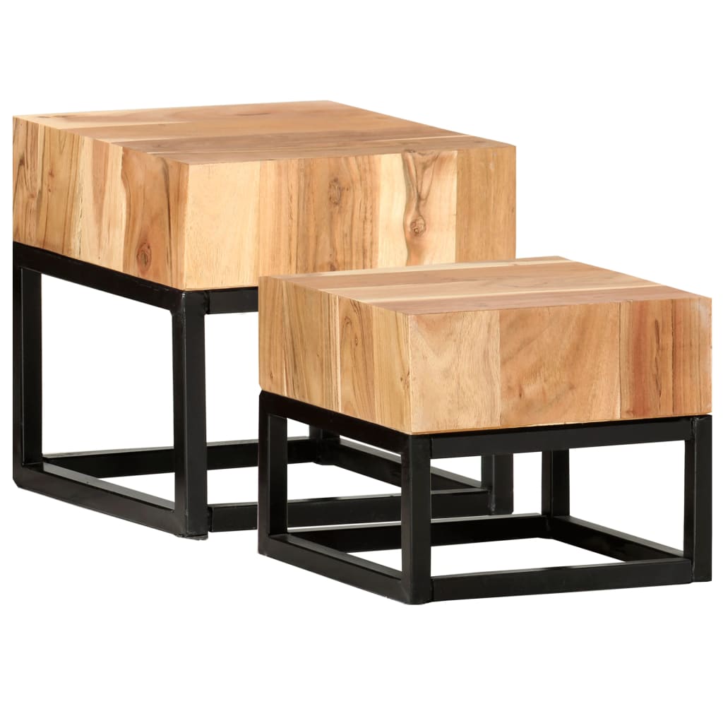 Side Table Set of 2 Natural and black Solid Acacia Wood Small
