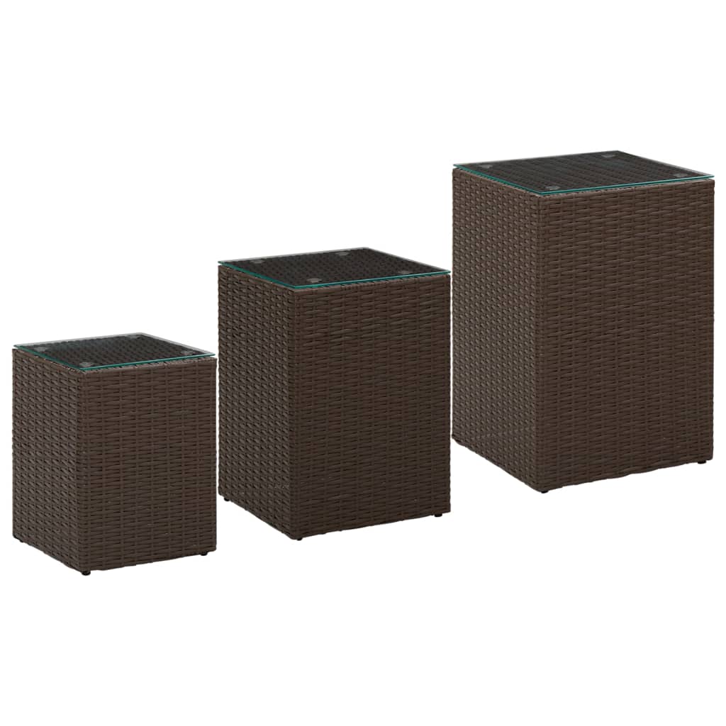 Side Table Set of 3 Brown Poly rattan, glass, metal