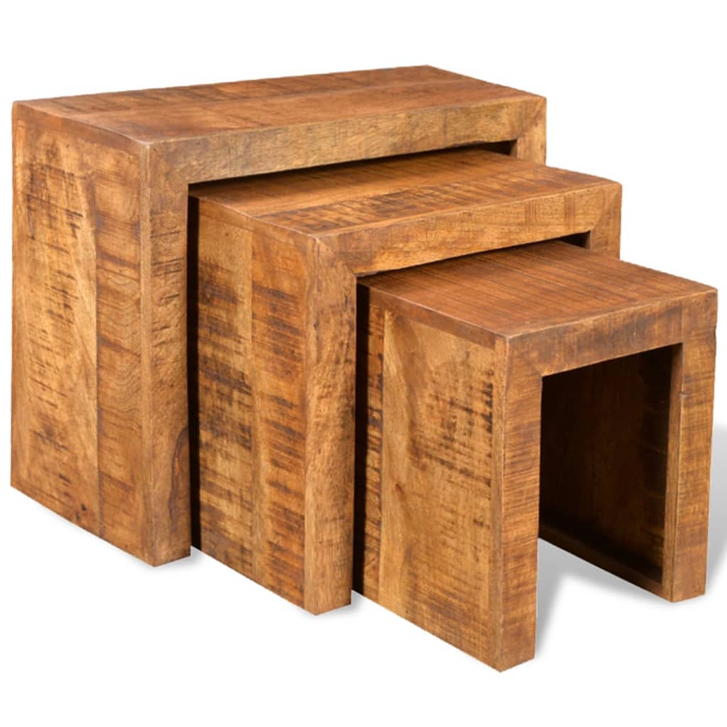 Side Table Set of 3 Brown Solid Mango Wood Small Stackable