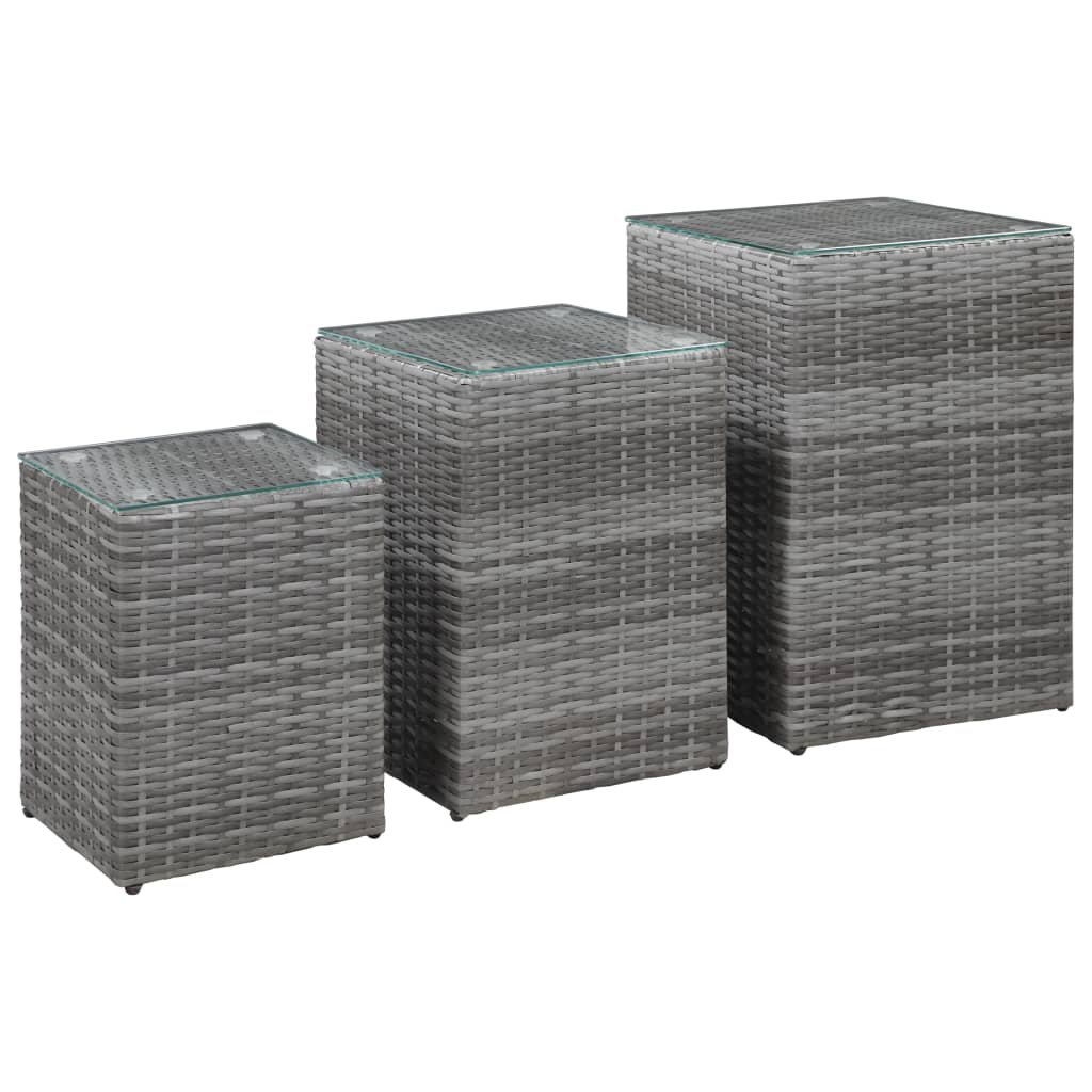 Side Table Set of 3 Gray Poly rattan, glass, metal