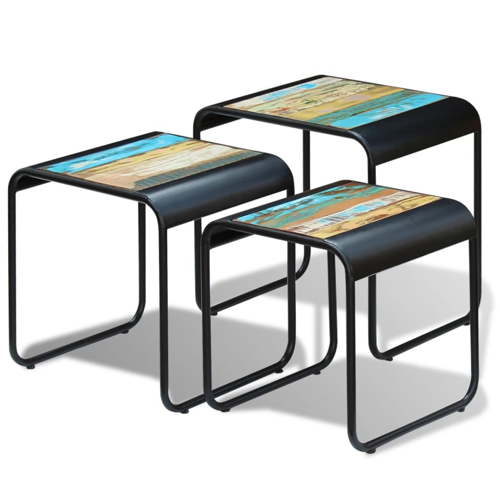 Side Table Set of 3 Multicolour Solid reclaimed wood and steel