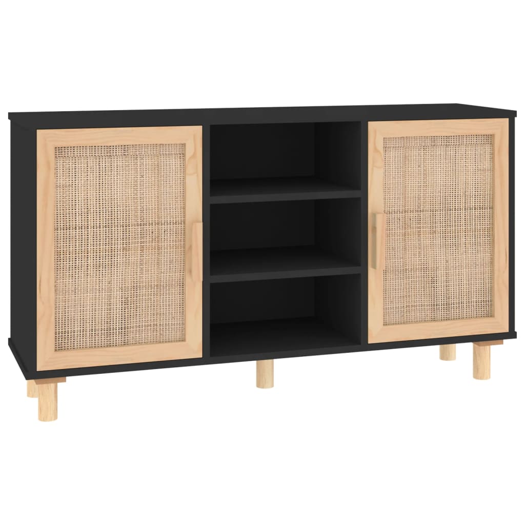 Sideboard Black Engineered wood, Solid pine wood, Natural rattan