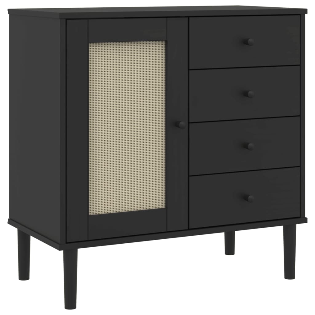 Sideboard Black Solid pine wood, engineered wood, poly rattan