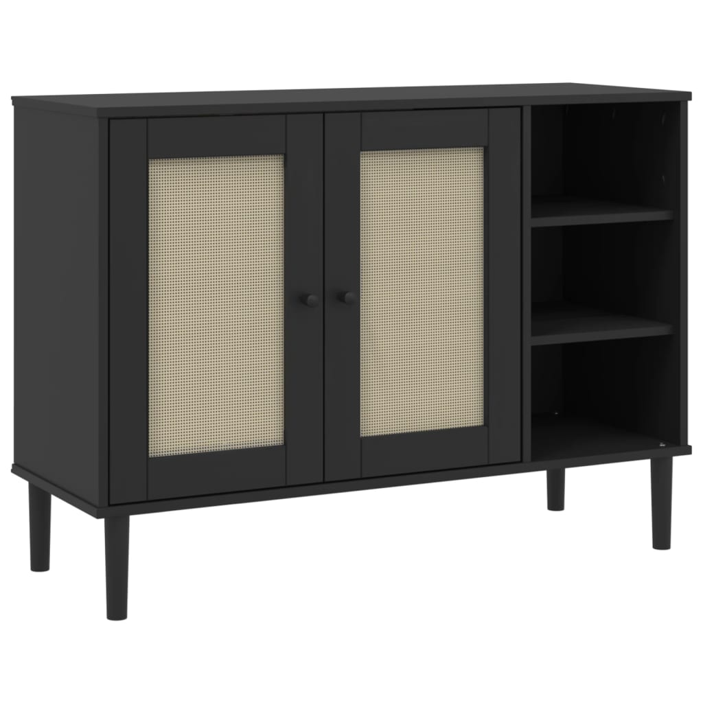 Sideboard Black Solid pine wood, Engineered wood, Poly rattan Large
