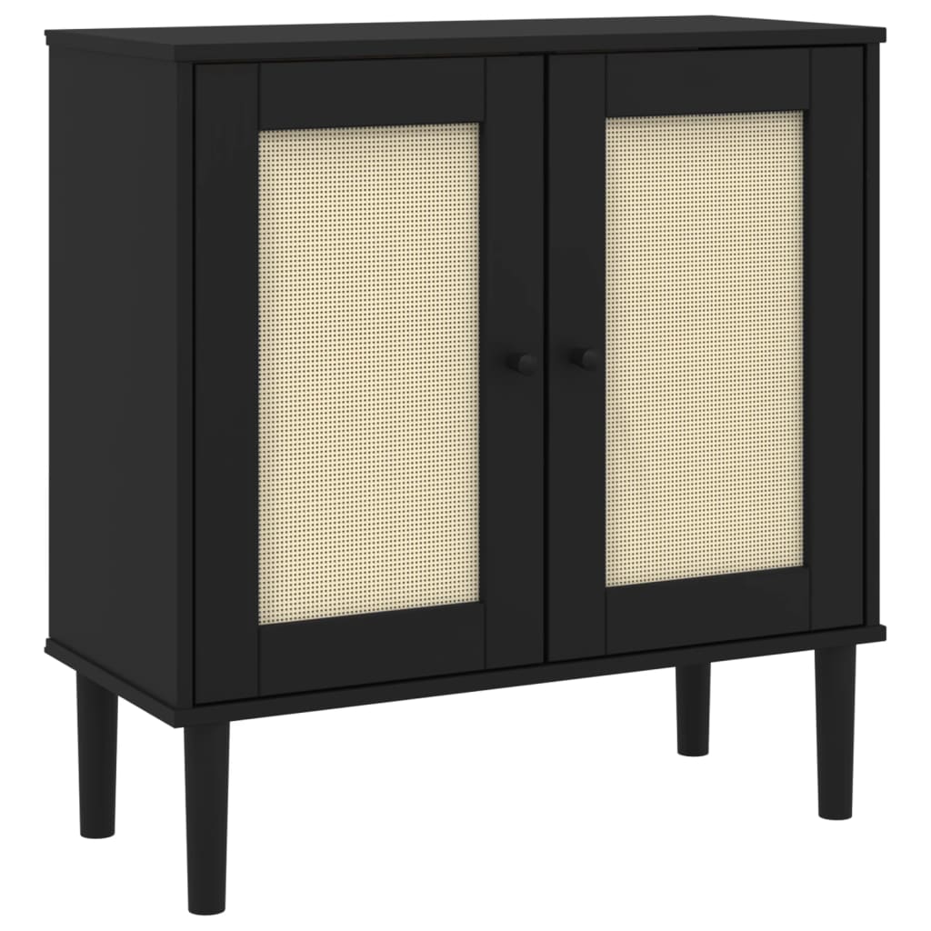 Sideboard Black Solid pine wood, engineered wood, poly rattan