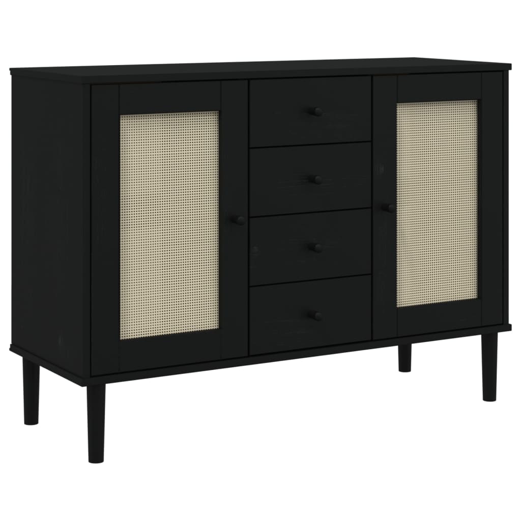 Sideboard Black Solid Pine Wood, Poly Rattan, Engineered Wood