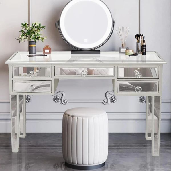 Silver 5-drawer mirrored vanity table for women and girls' entryway