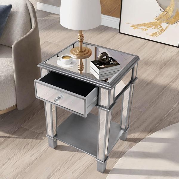 Silver mirrored nightstand with open shelf for bedroom or living room storage