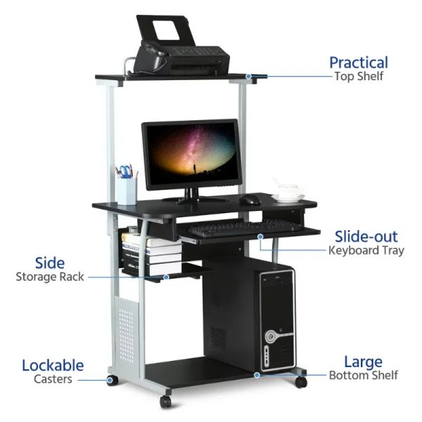 SMILE MART's black/gray metal computer desk features 4 storage shelves and a keyboard tray