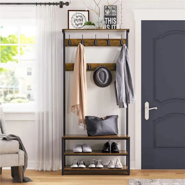 SmileMart's 72.5" rustic brown entryway hall tree with bench and shoe storage