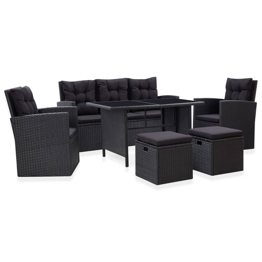 Sofa Set Black PE rattan, powder-coated steel, glass Medium