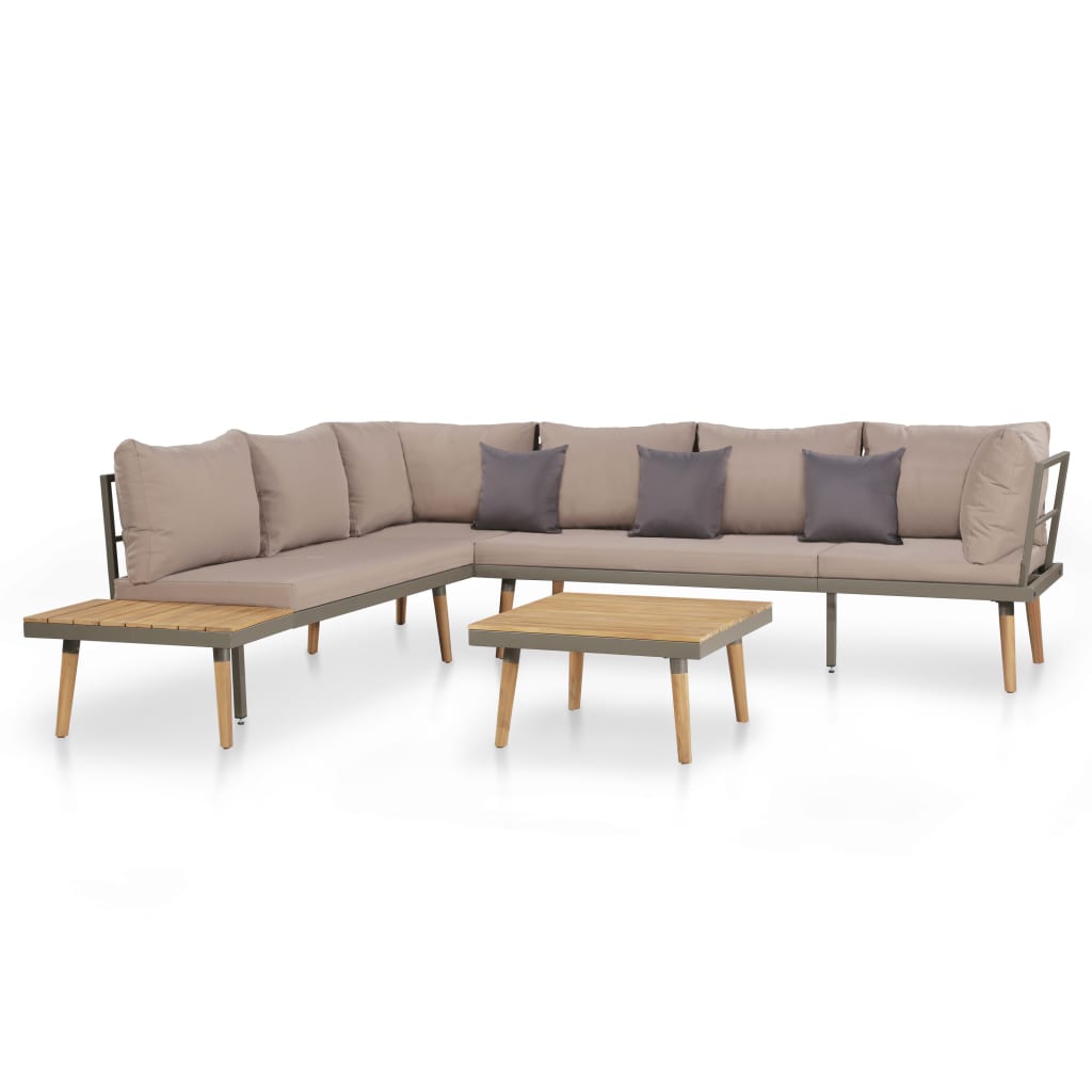 Sofa Set Brown and Grey Solid acacia wood, Steel, Polyester 4-Piece