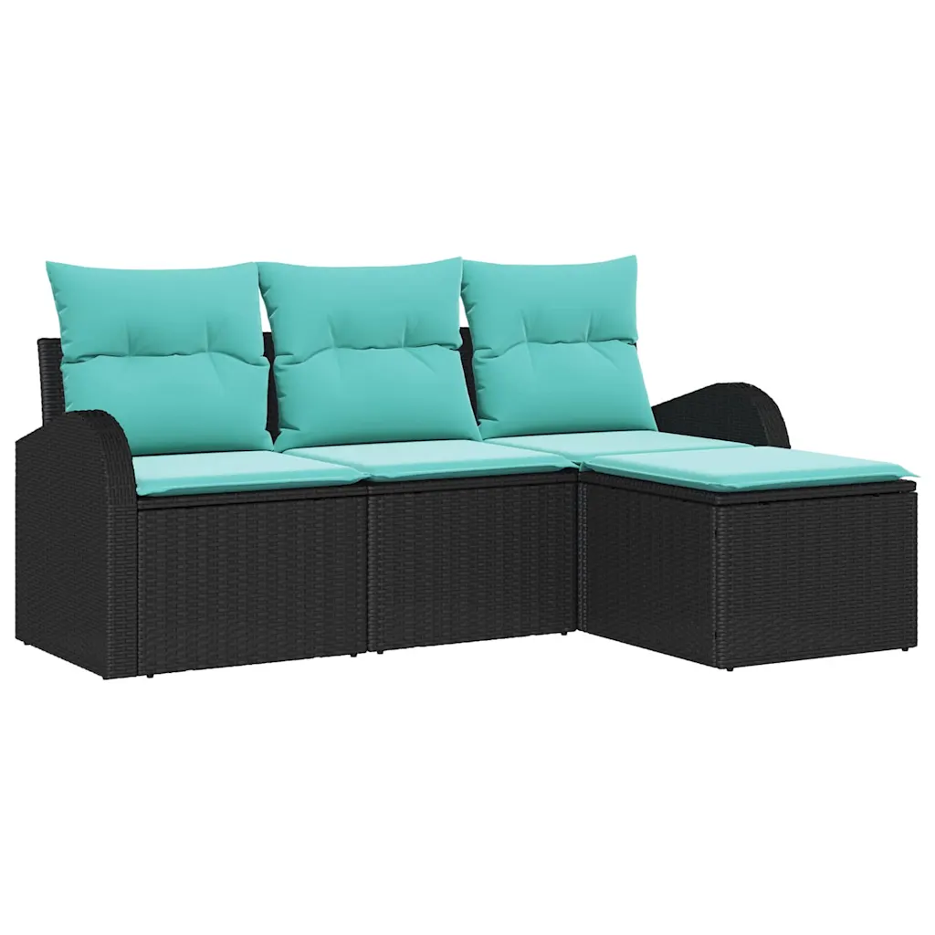 Sofa Set with Cushion 4 pcs Black and Turquoise Poly Rattan