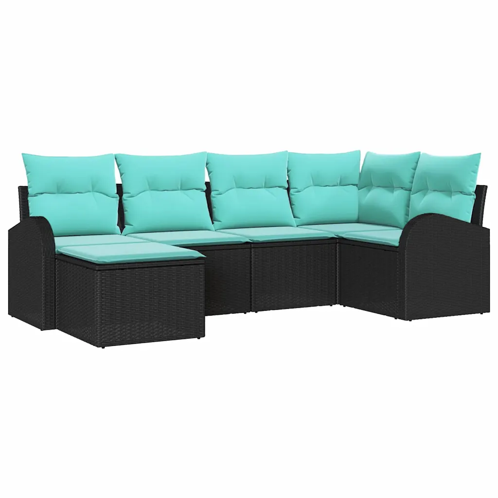 Sofa Set with Cushion 6 pcs Black and Turquoise Poly Rattan