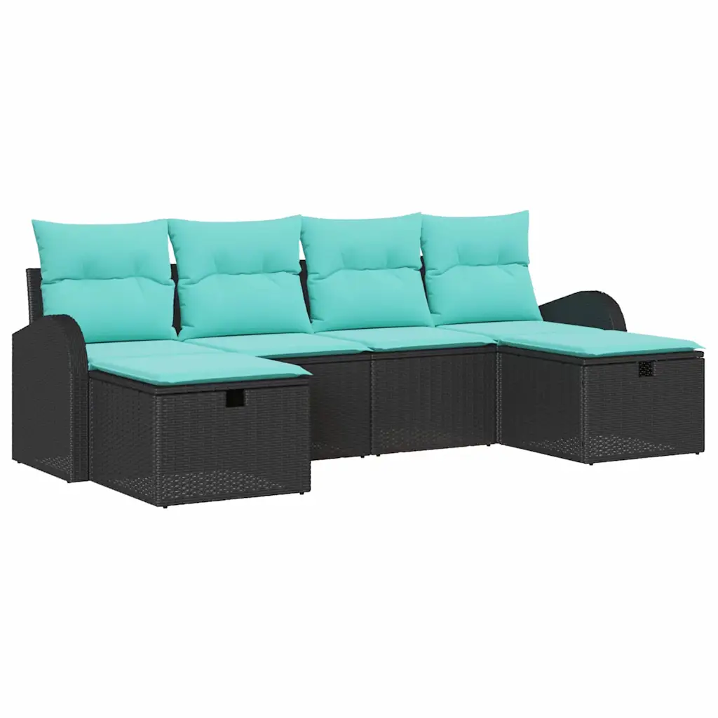 Sofa Set with Cushion 6 pcs Black and Turquoise Poly Rattan