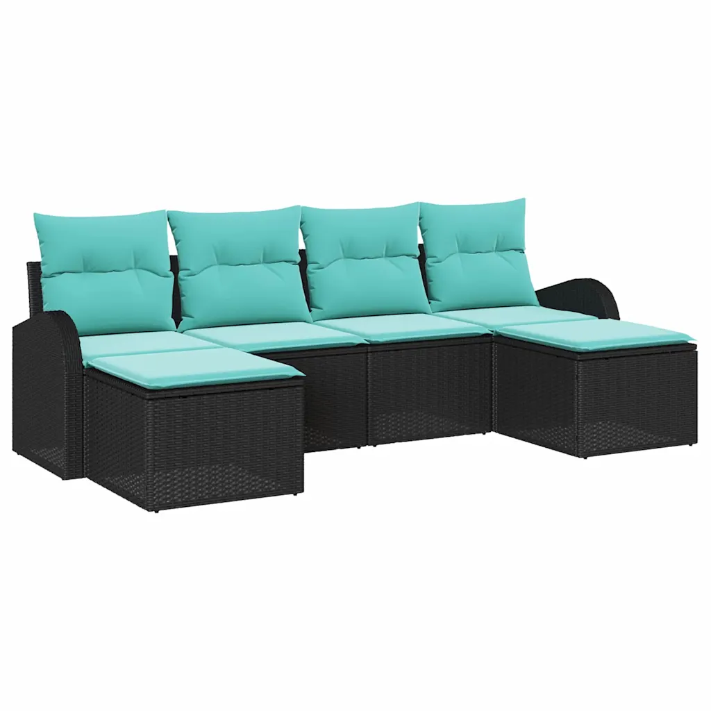 Sofa Set with Cushion 6 pcs Black and Turquoise Poly Rattan