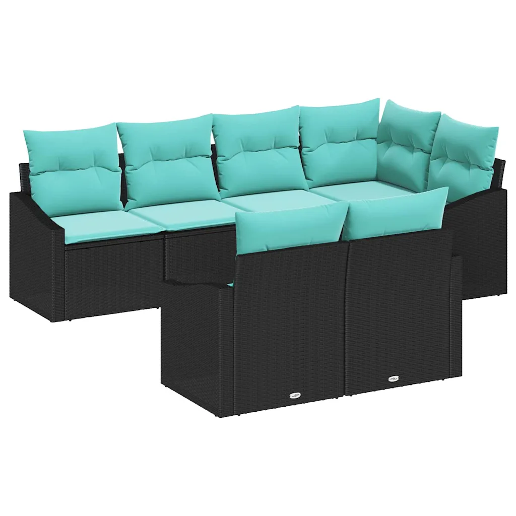 Sofa Set with Cushion 7 pcs Black Poly Rattan