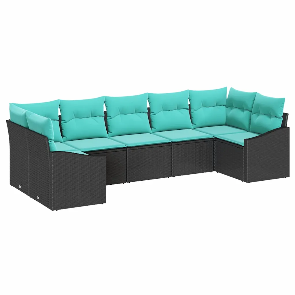 Sofa Set with Cushion 7 pcs Black Poly Rattan