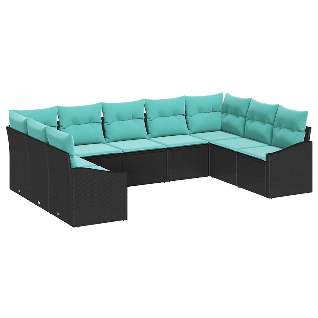 Sofa Set with Cushion 9 pcs Black Poly Rattan