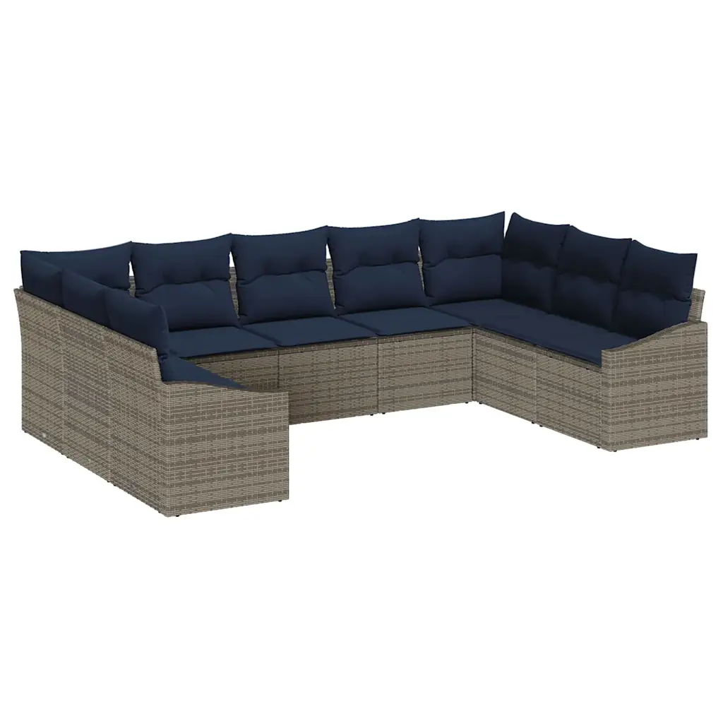 Sofa Set with Cushion 9 pcs Grey Poly Rattan