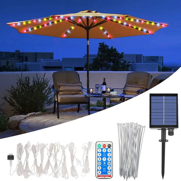 Solar-powered umbrella string lights with 104 LEDs, featuring 8 lighting modes for outdoor patio and garden decoration, waterproof IP67 rating